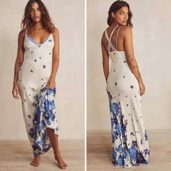 Free People Dresses & Skirts - New! Free People Get To You Printed Maxi Dress Ivory‎ Blue, L